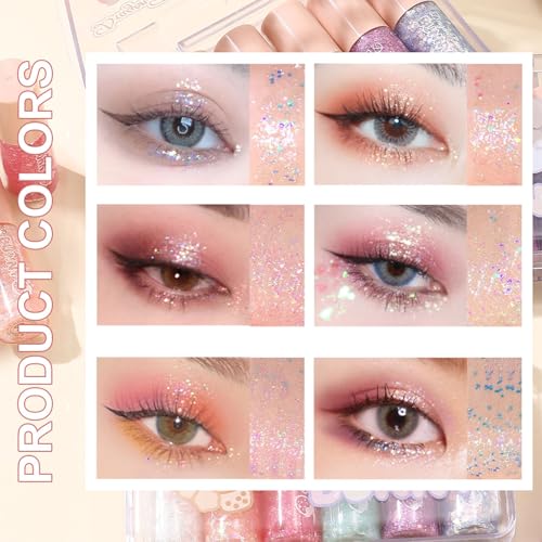 MooGlamor 6 Pcs Liquid Glitter Eyeshadow Set Colorful Eyeliner with Long-Lasting and Waterproof Shinning Eye Shadow Gift f...