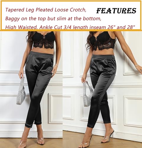 heipeiwa Women's Satin Pants Dress Casual Pleated Pull on High Waist Pants Baggy Front Tapered Trouser
