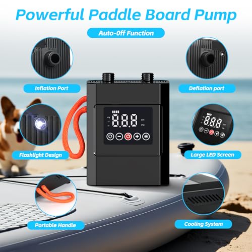 Electric Paddle Board Pump, 20PSI Rechargeable Sup Pump with Storage Bag, Intelligent Dual Stage Inflation & Deflation, Au...