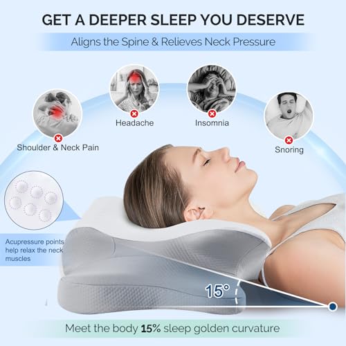 Camping Pillow Memory Foam Pillows,Cooling Ergonomic Dual-Sided Orthopedic Neck Cervical Pillow with Ice Silk Pillowcase, ...
