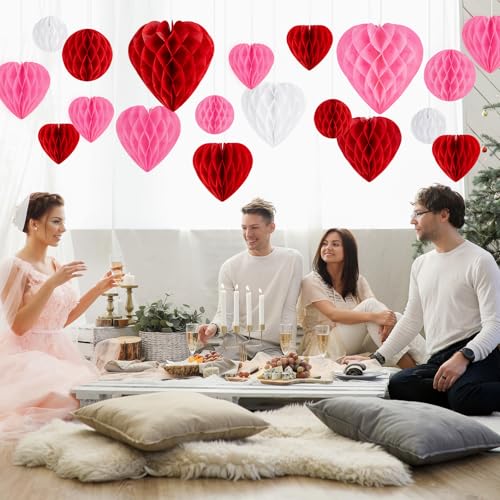 40Pcs Valentines Day Party Heart Decorations - Red Pink White Paper Honeycomb Hearts Balls Hanging, Valentine's Decor for ...