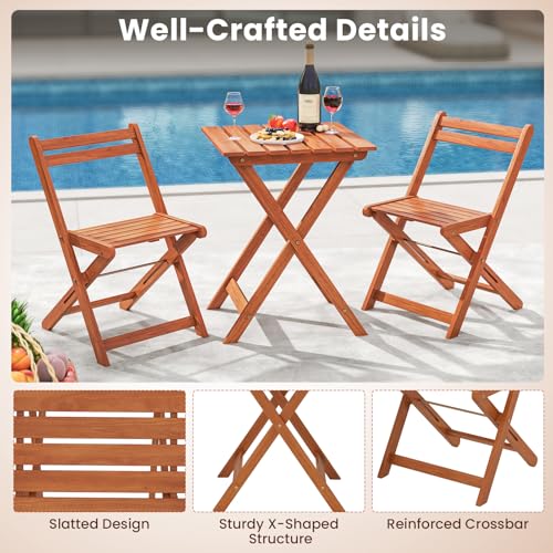 Tangkula 3 Pieces Solid Wood Patio Bistro Set with 2 Folding Chairs, Outdoor Table and Chairs Set, Balcony Furniture Set, ...