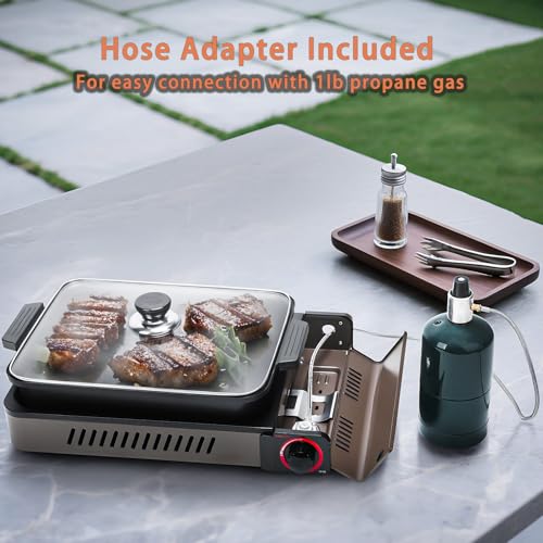 ONLYFIRE OUTDOOR LIVING Portable Propane Gas Stove with Grill Pan and Lid, Butane Camping Stove Instant Ignition for Patio...