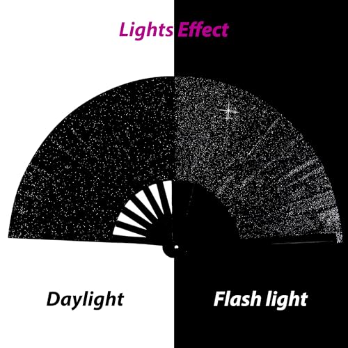 YKuzLx 13‘’ Large Rave Fan for Men Women, Rave Essentials, Decorative Glitter Folding Hand Fan with Holster for Party, Hom...