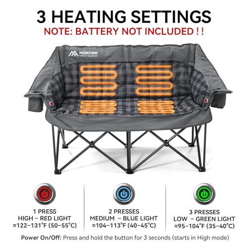 Huskfirm Heated Double Camping Chair, Oversized Camping Loveseat with 4 Heating Zones and 3 Temperature Settings, Portable...