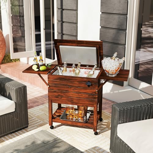 Tangkula Rolling Wooden Patio Cooler Cart, 54 Quart Outdoor Ice Chest Cooler Cart with 2 Drop Leaf Tables, Bottle Opener &...