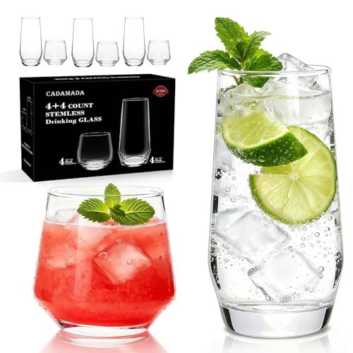 Cadamada Drinking Glasses Set, 4 Highball Glasses 18 oz & 4 Stemless Rocks Glasses 13 oz,Glass Cups,Glassware Sets for Coc...