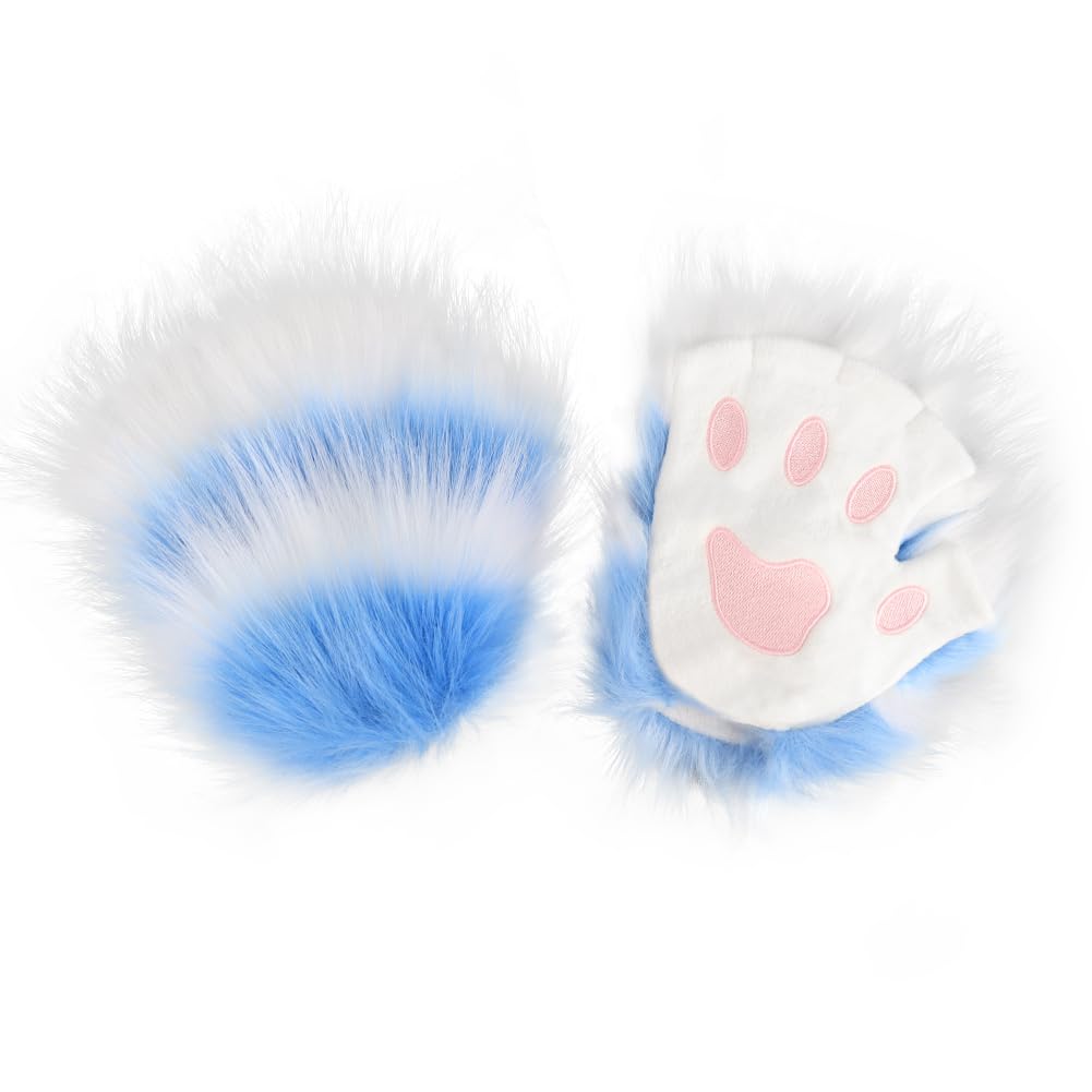 JUNBOON Faux Fur Cat Ears and Wolf Fox Tail Set Adult Claw Glove Kit for Halloween Anime Cosplay Party