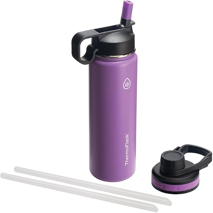 ThermoFlask 24 oz Double Wall Vacuum Insulated Stainless Steel Water Bottle - Reusable with Leakproof Chug & Straw Lids - ...
