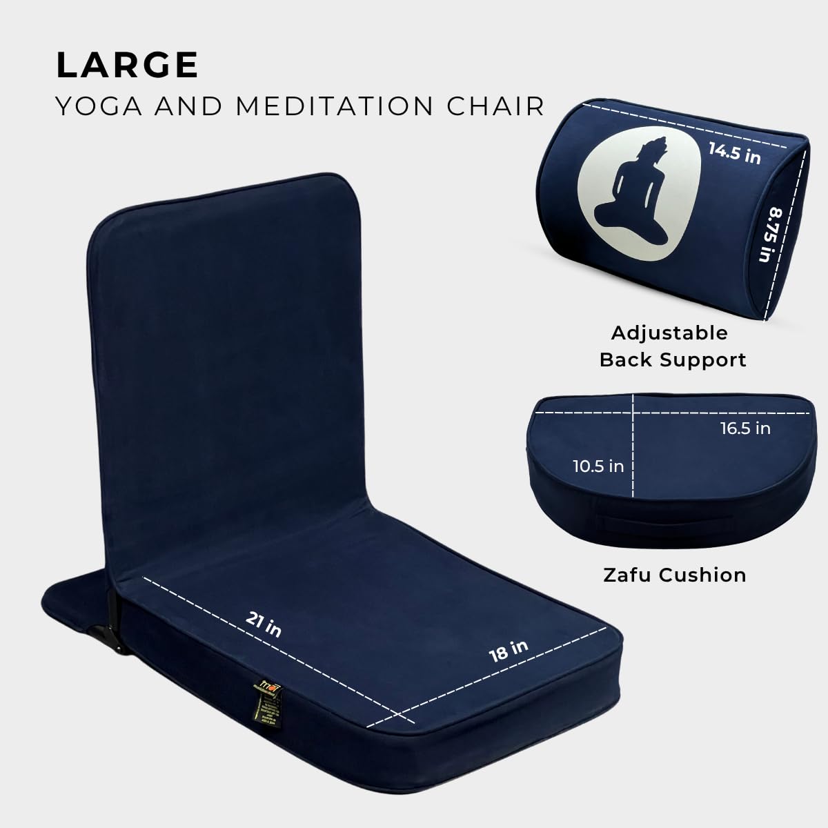 Friends Of Meditation Relaxing Buddha Meditation Chair | Detachable Rectangular Back Support & Zafu Cushion | Portable Folding Chair | with Back Support | Yoga Chairs for Adults | Navy Blue