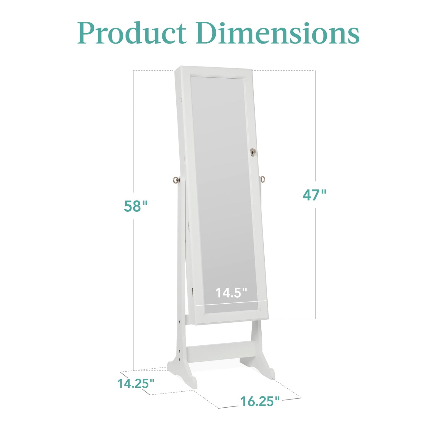 Best Choice Products Freestanding Jewelry Armoire Cabinet, Full Length Standing Mirror, Lockable Makeup Storage Organizer, w/Velvet Lining, 3 Angles, Lock, Accessory Pouch, 5 Shelves - White