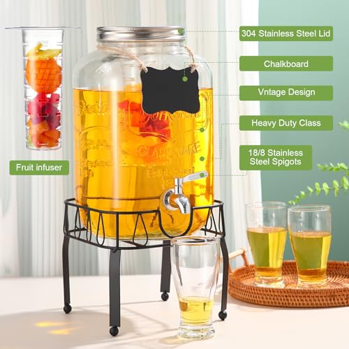 FillTouch 3 Gallon Drink Dispenser with Stand Glass Beverage Dispenser Drink Dispensers with Lid 18/8 Stainless Steel Spig...
