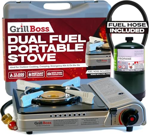 Grill Boss Dual Fuel Camp Stove - 12,000 BTU Butane & Propane Portable Stoves for Camping, Emergencies, BBQ, Hiking & Back...