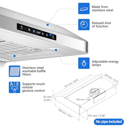AMZCHEF Under Cabinet Range Hood 30 Inch, 750CFM Stainless Steel Kitchen Stove Vent Hood 3 Speed Exhaust Fan Touch/Remote/...