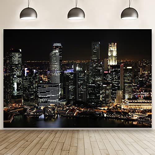 Laeacco 7x5ft Aerial View Famous Big City Backdrop for Photography Modern City Night View Background Skyscraper Urban Ligh...