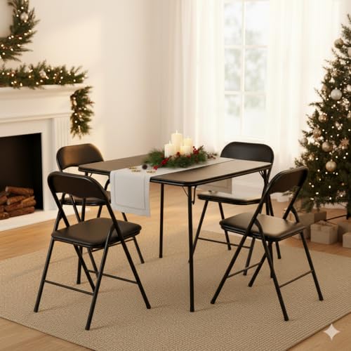 FurnitureR 5-Piece Folding Table and Chair Set, Portable Square Table with 4 Padded Chairs for Dining, Games, Holiday Host...