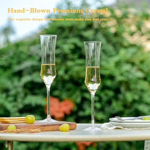 Champagne Flutes Set of 6 - Hand Blown Crystal Champagne Glasses With Long Stem - 7 oz Elegant Sparkling Wine Stemware - U...