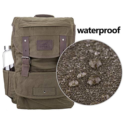 TOPWOLFS Waterproof Waxed Canvas Backpack for Men Travel Rucksack Leather Trimming (Green) One_Size