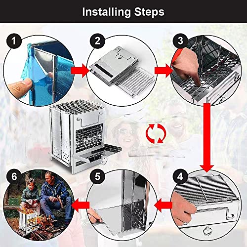 Portable Wood Burning Camp Stove with Grill - Folding, Backpacking, Box Stove with Fire Blowing Stick and Carrying Bag