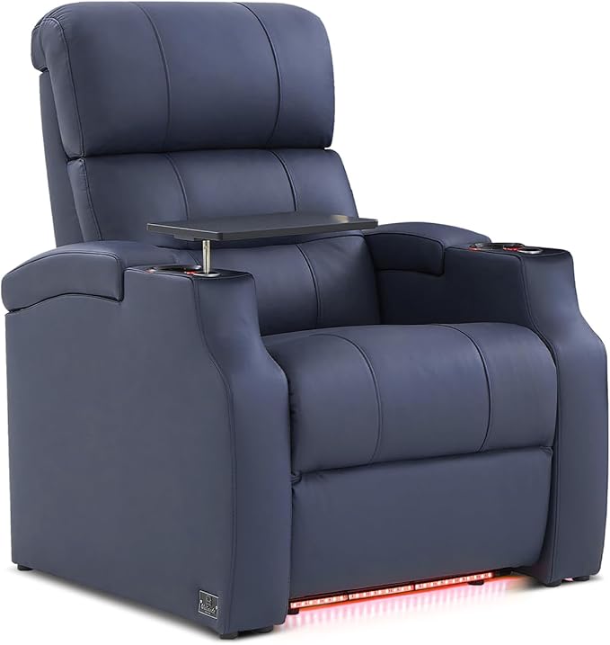 Weilianda Home Theater Seating, Top Grain Leather Sectional Seats Recliner Chair, Zero Gravity Reclining Sofa with Power Headrest 7 Colors Ambient Lighting USB C Charge Row of 1 Blue