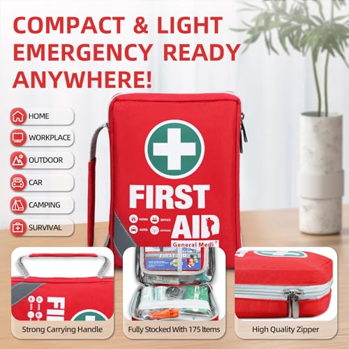 General Medi First Aid Kit - Small Compact First Aid Kit Bag(175 Piece) - Reflective Bag Design- Includes Instant Cold Pac...