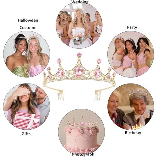 WOVOWOVO Pink Tiaras for Women, Princess Crown Headband with Combs for Women, Elegant Rhinestone Pink Hair Accessories for...