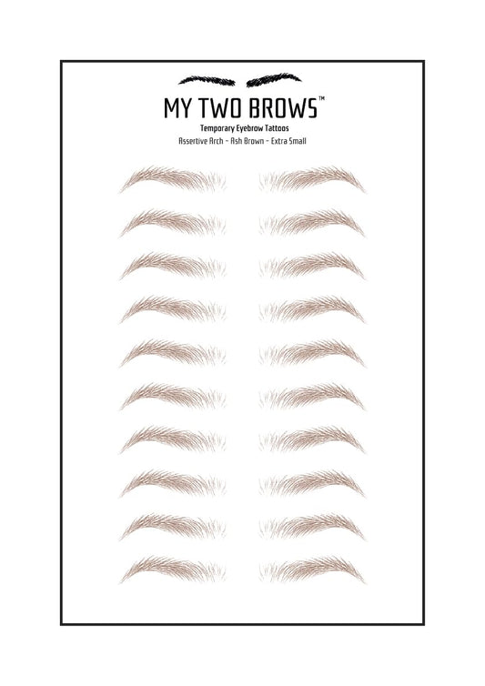 (10 pairs) Ash Brown Temporary Eyebrow Tattoo - Extra Small Size - Waterproof & Smudgeproof - Assertive Arch Style Eyebrow Stickers - Sheet Lasts up to 30 Days - Won't Work on Existing Brows