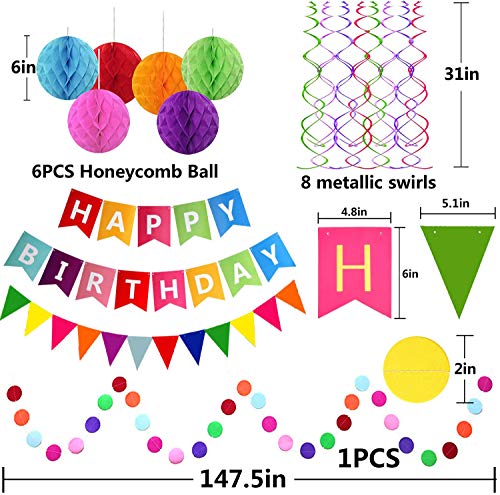 Fecedy Happy Birthday Banner With Colorful Paper Flag Bunting Paper Circle Confetti Garland Swirl Streamers Honeycomb ball...