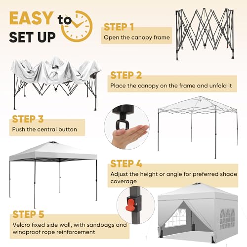 Saemoza 12x12 Pop Up Canopy Tent with One Push Setup, Portable Sun Shade Tent, Instant Easy Up Canopy with 4-Sidewalls & W...