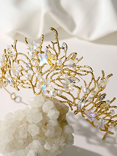SWEETV Mermaid Tiara for Girls Women, Gold Princess Crown Diadem, Jeweled Headpiece Costume Hair Accessories for Birthday ...
