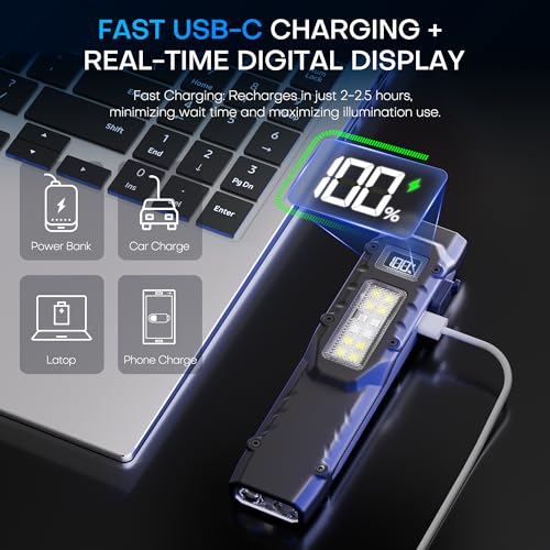 PASIION EDC Tactical Flashlight, Flat Flashlights Rechargeable,Dual-Switches LED Small Flashlight with Digital Display,Sta...
