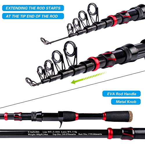 Fishing Rod and Reel Combo, 6.9ft Carbon Fiber Telescopic Fishing Pole with Spinning/Baitcasting Reel Combos, Sea Saltwate...