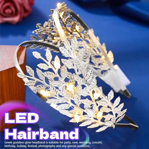 DRESBE Light Up Leaf Headband LED Greek Goddess Headbands Glow Roman Toga Hair Accessories for Women (Silver)