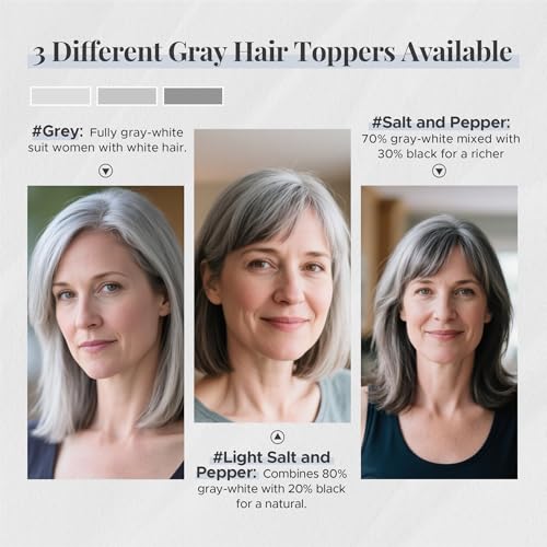 Human Hair Topper for Women, with Silk Base 3.94x4.72, 6 Inches, 4 Clips, for Thinning Hair, without Front Bangs, Salt and Pepper Color, Natural Look