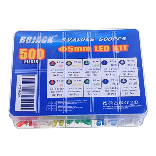 BOJACK 5 Colors 500 pcs 5mm LED Diode Lights Assored Kit Pack Bright Lighting Bulb Lamps Electronics Components 5 mm Light...