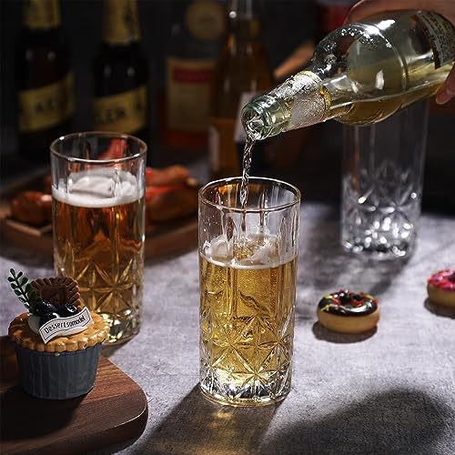 Uiifan Set of 12 Tall Highball Glasses 12 oz Crystal Drinking Glasses Clear Fancy Cups Vintage Textured Designer Glassware...
