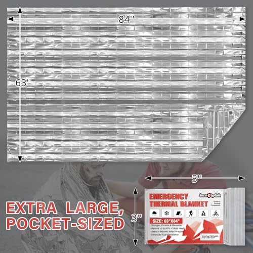 SecuCaptain Survival Emergency Thermal Blankets: Extra Large 84” x63” Space Mylar Blanket Kit for Outdoor Cold Winter Camp...
