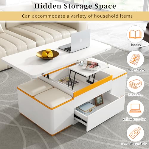 HomVent 47.72" Lift-Top Coffee Table, Wood Coffee Tables with 4 Storage Stools, Modern Couch Side Table, Space Saving Center Cocktail Table with Foldable Top for Living Room Bedroom