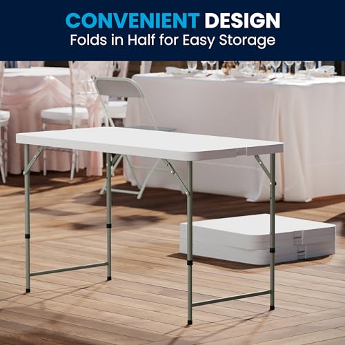 Flash Furniture 4' Rectangular Plastic Folding Event Table with Adjustable Legs and Carrying Handle, Bi-Fold Portable Banq...