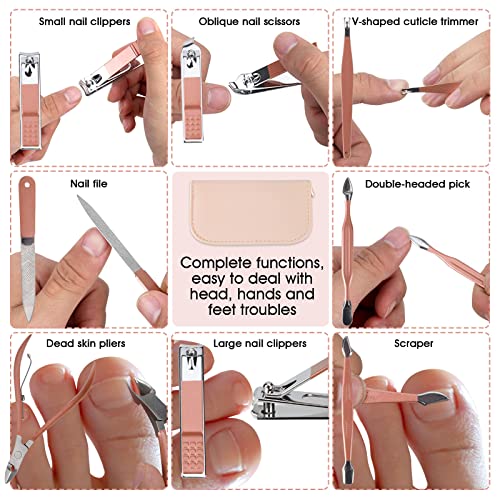 Nail Clippers and Beauty Tool Portable Set Manicure Set 12 in 1, with Pink Leather Bag, Suitable for Home, Workplace, Outd...
