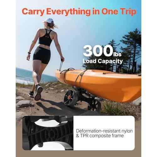 VEVOR 300 lbs Kayak Cart, Foldable Kayak Trolley with 10-inch Solid Rubber Tires & 1 Ratchet Strap, Paddle Board Trolley for Carrying Kayaks, Canoes, Paddleboards, Float Mats, Jon Boats