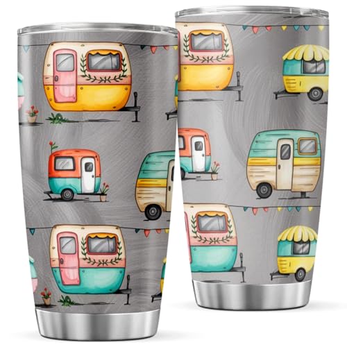 CUBICER Colorful Retro Camper Trailer Pattern Tumbler For Camping Lovers And Outdoor Travelers Stainless Steel 20 Oz Trave...