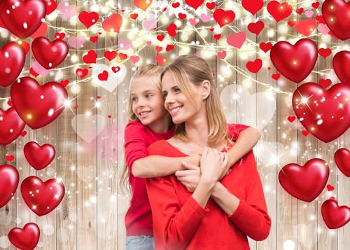 Dudaacvt 7x5ft Valentine's Day Backdrop Rustic Wood Red Love Heart Background for Mother's Day Wedding Bridal Shower Party...