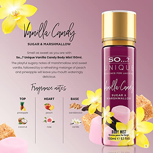 So...? Unique Vanilla Candy Body Mist - Delightful Perfume for Women - Sweet, Fruity Vanilla Perfume with Peach and Rose - Gifts for Women - 5.1 oz