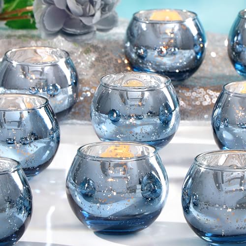 LAMORGIFT 24 Pcs Blue Votive Candle Holders Bulk- Blue Tealight Candle Holders for Wedding Decor, Mercury Glass Votives fo...