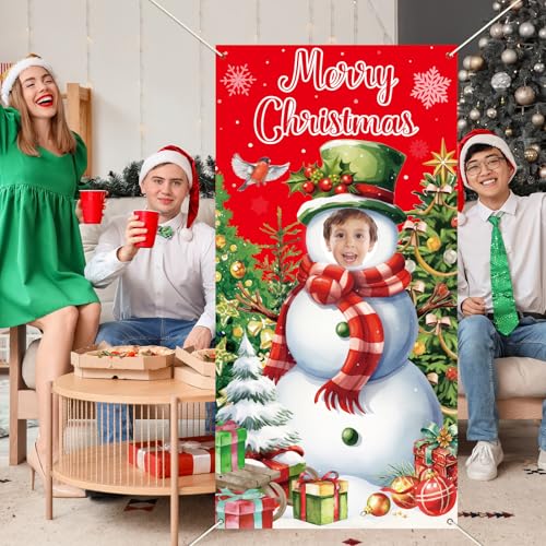 Justforjoyful Christmas Snowman Photo Booth Prop Merry Christmas Party Decoration Xmas Tree Door Banner Fabric Face in Hol...