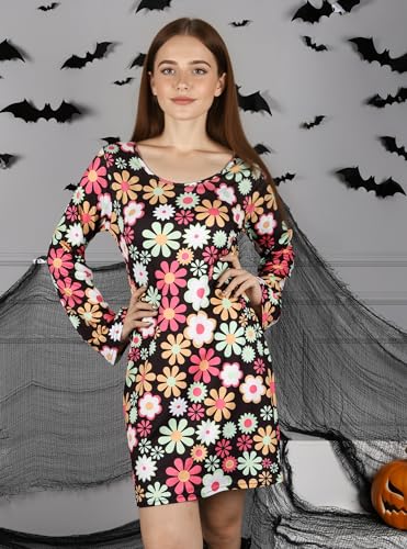 DANAZANA Women's Halloween Floral 60s 70s Hippie Costume Dress Women Groovy Hippy Inspired Bell Sleeves Dresses Retro A Line Mini Dress Vintage Boho Cowgirl Costumes Woodstock Party Black