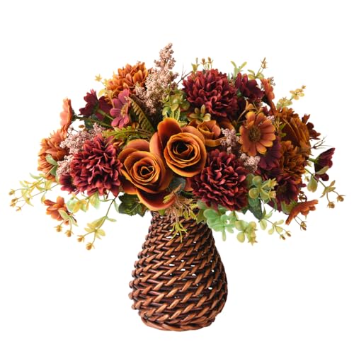 Artificial Faux Flowers in Vase, Fake Silk Floral Arrangements Rose Bouquets with Handmade Rattan Vase, Farmhouse Table De...