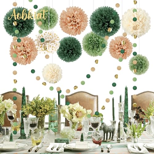 AOBKIAT Wedding Party Decorations Set,15PCS Green Tissue Paper Pom Poms,Dots Paper Garland String Hanging Backdrop for Eng...