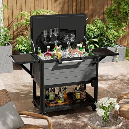 104 Quart Patio Rolling Ice Chest Cooler Cart with Wheels, Portable Mobile Outdoor Coolers Bar Cart with Storage Shelf & B...
